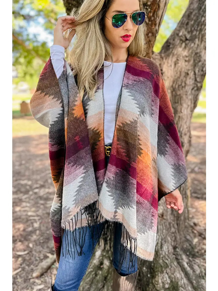 Burgundy Aztek Western Print Lightweight Ruana w/Tassel
