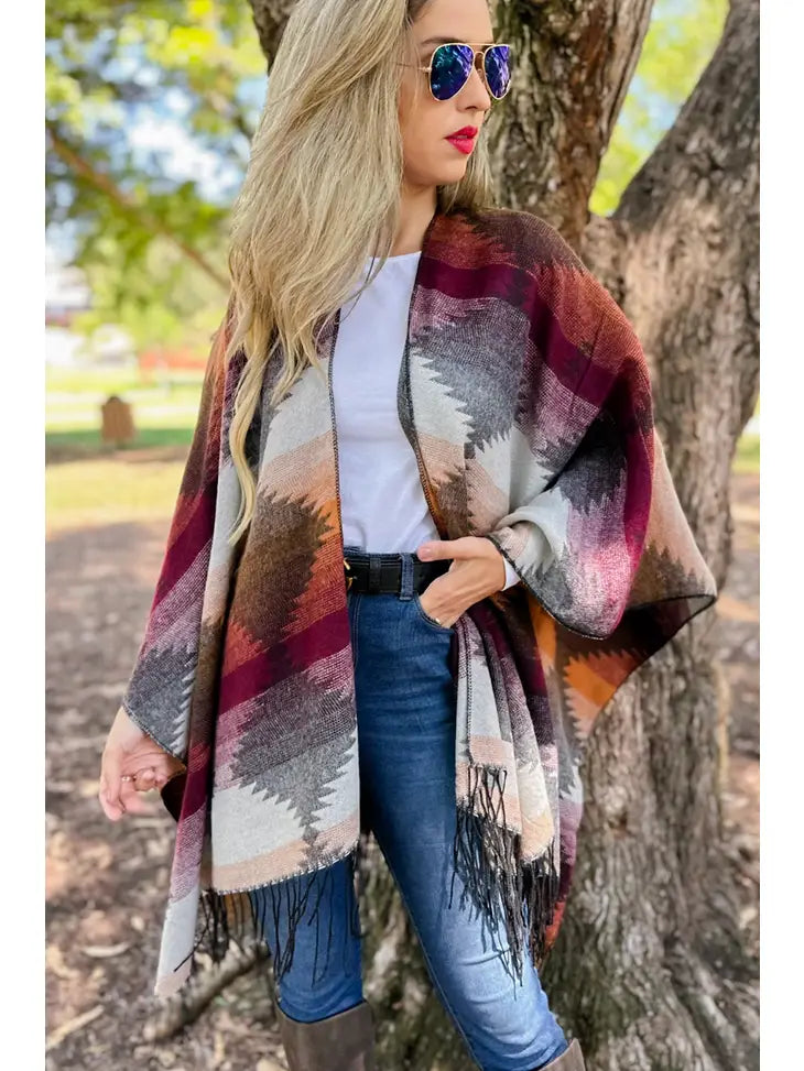 Burgundy Aztek Western Print Lightweight Ruana w/Tassel