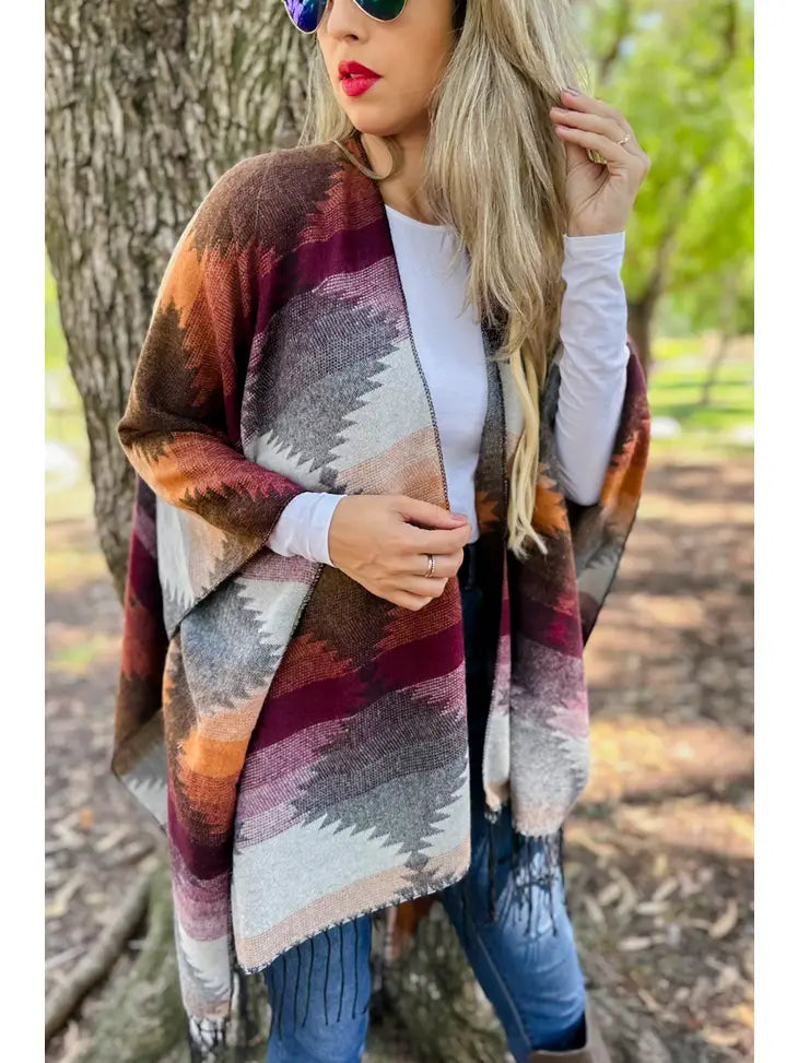 Burgundy Aztek Western Print Lightweight Ruana w/Tassel