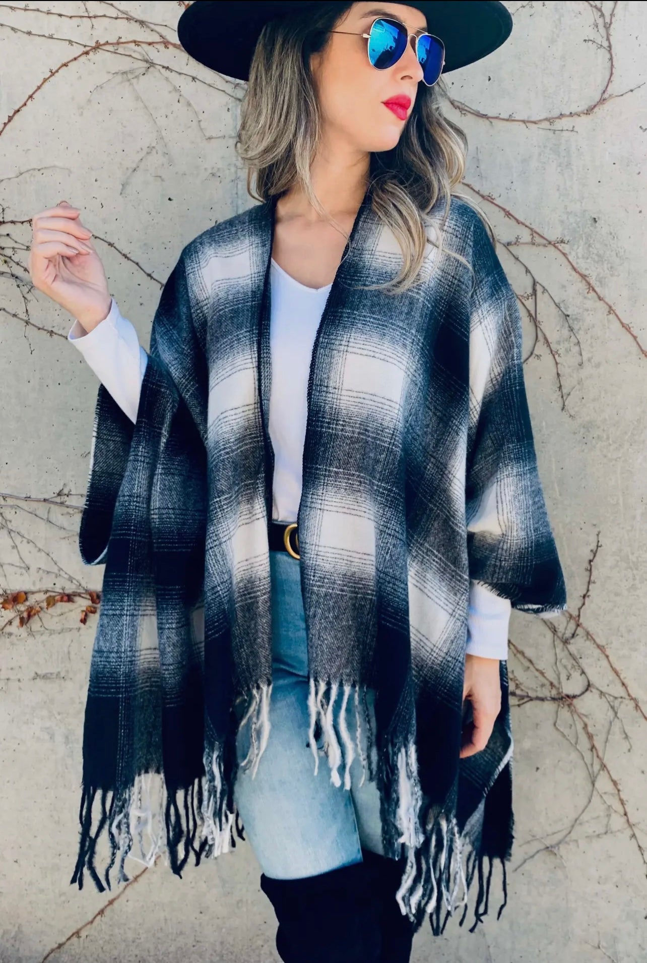 Black Plaid cozy knitted Kimono with fringe