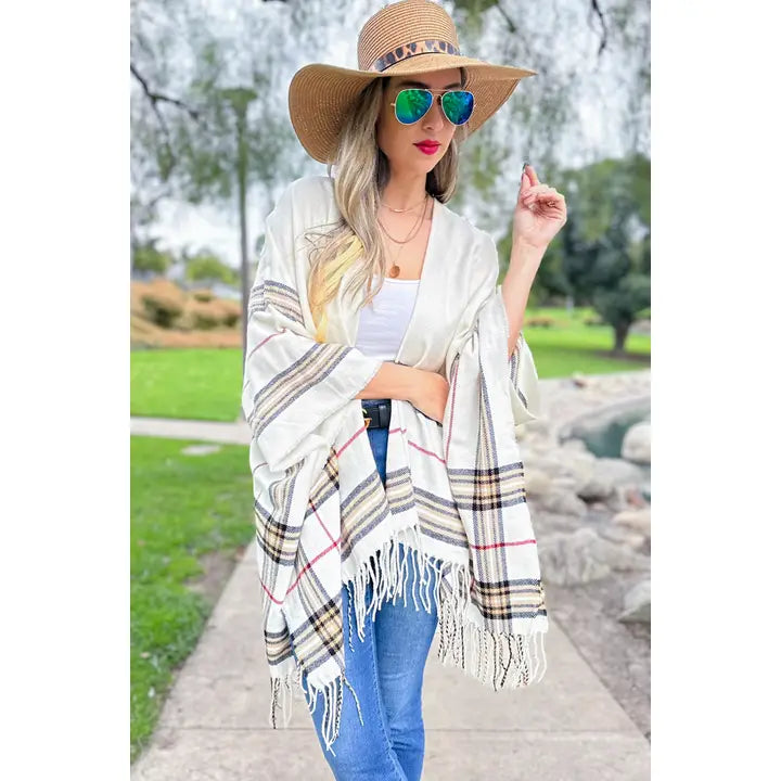 Ivory Plaid Print Knitted Ruana Kimono Cardigan with Tassel