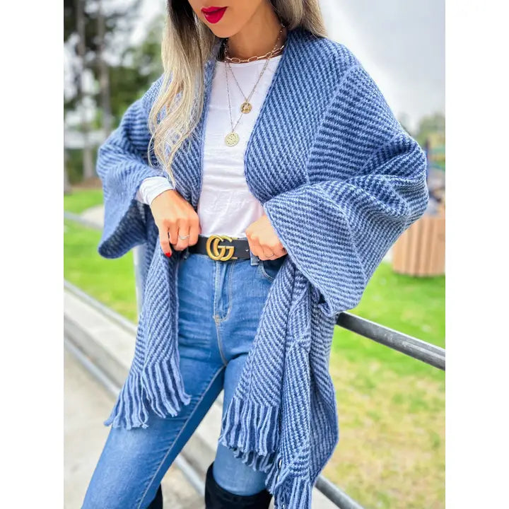 Navy Chevron Knitted Ruana Cardigan with Tassel and Pocket