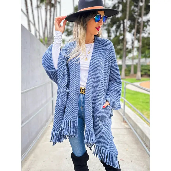 Navy Chevron Knitted Ruana Cardigan with Tassel and Pocket