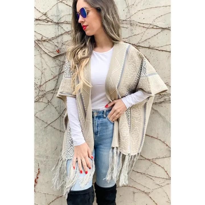 Taupe Aztec Pattern Tassel Bottom Knitted Kimono Cardigan