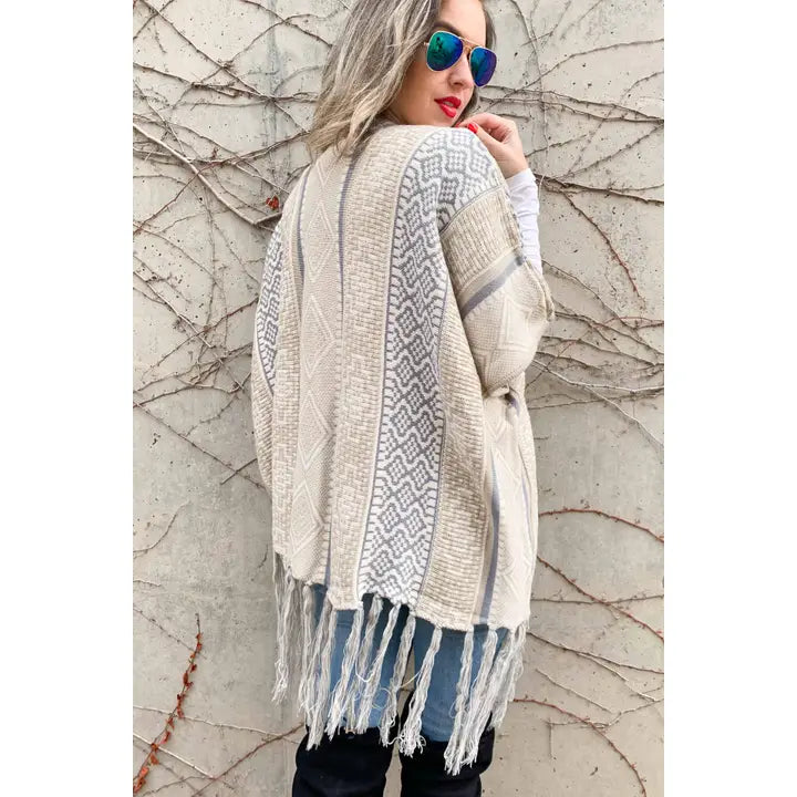 Taupe Aztec Pattern Tassel Bottom Knitted Kimono Cardigan