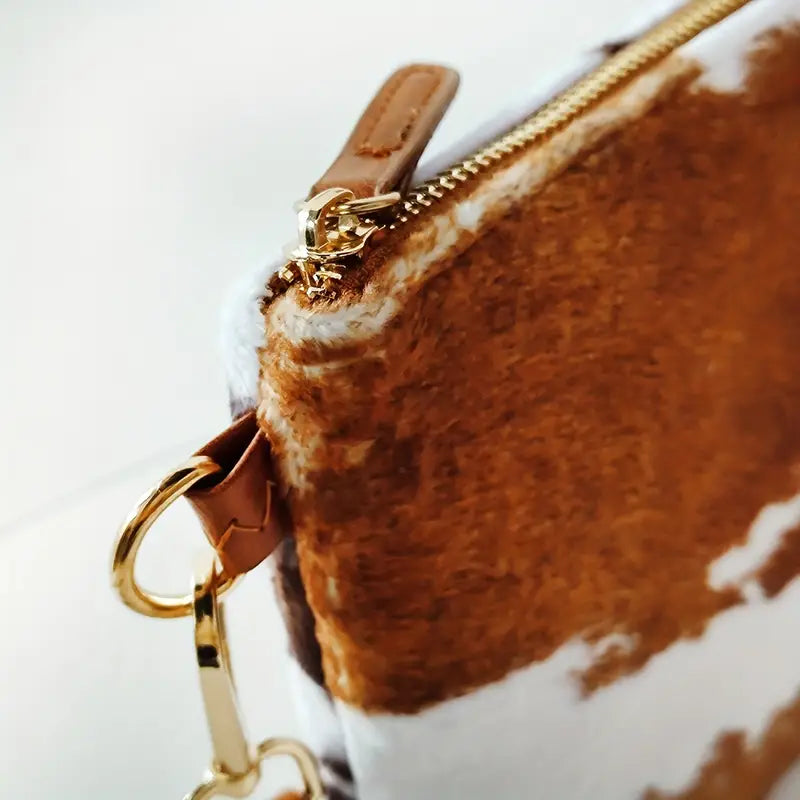 BRINDLE COW PATTERN FLUFFY LARGE WRISTLET CLUTCH
