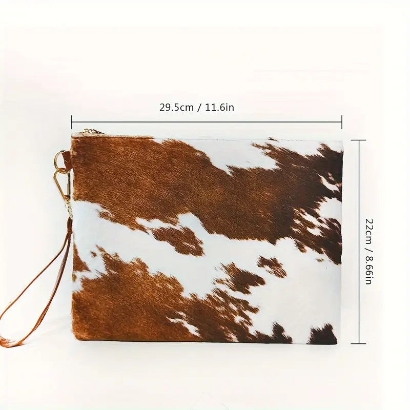 BRINDLE COW PATTERN FLUFFY LARGE WRISTLET CLUTCH