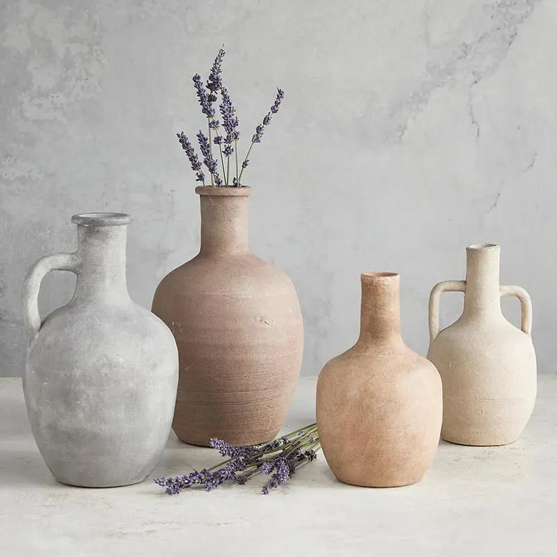 CREAM TERRACOTTA VASE (With small wood bead garland)