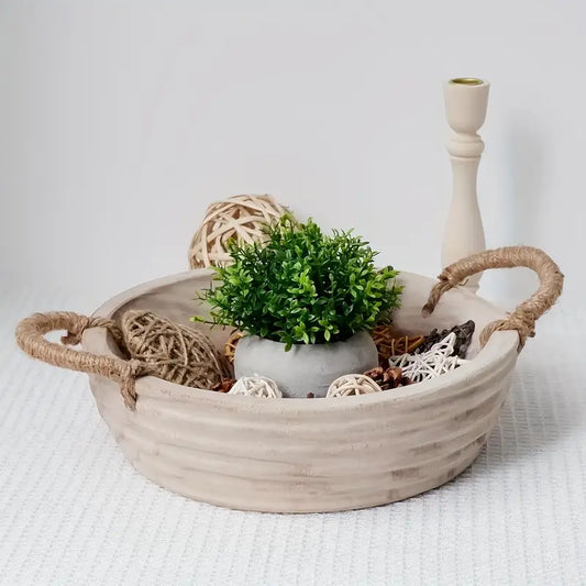 Wooden Decorative Bowl, Paulownia Wood Dough Bowl With Rope Handle,