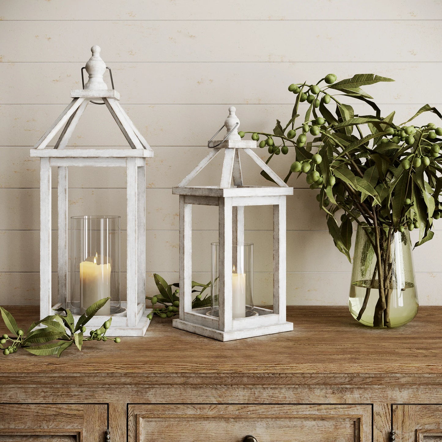 WHITEWASH WOOD LANTERN SET OF 2