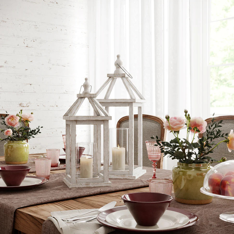 WHITEWASH WOOD LANTERN SET OF 2