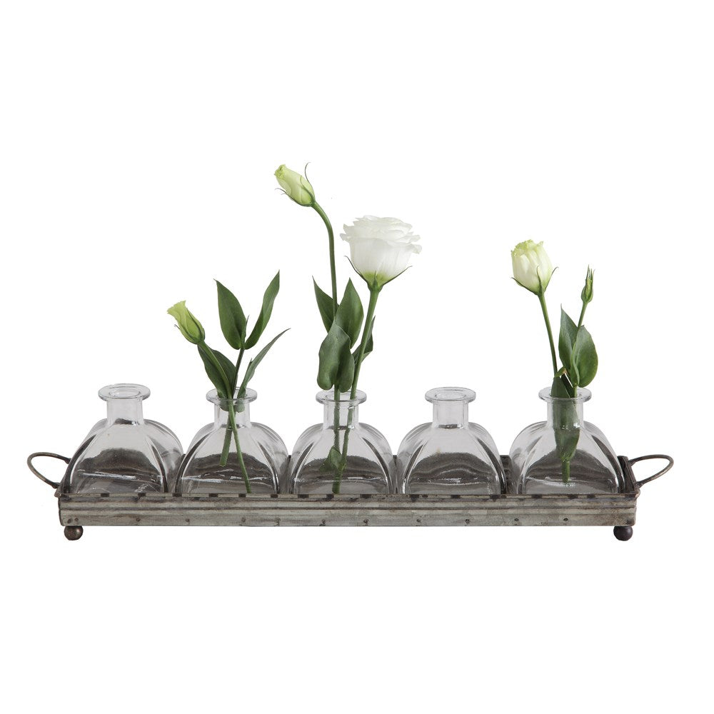 DECORATIVE METAL TRAY w/ 5 GLASS VASES (Set is 6 pieces)