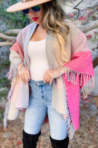 Pink Multi Plaid Printed Cozy Knitted Kimono Cardigan With Fringe