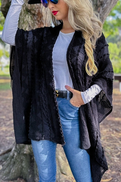 Black 3D textured Open Front Soft Kimono Cardigan