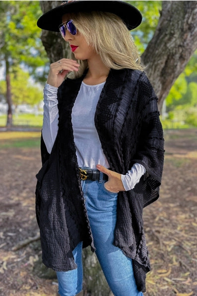 Black 3D textured Open Front Soft Kimono Cardigan