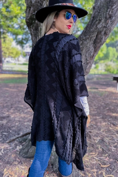 Black 3D textured Open Front Soft Kimono Cardigan