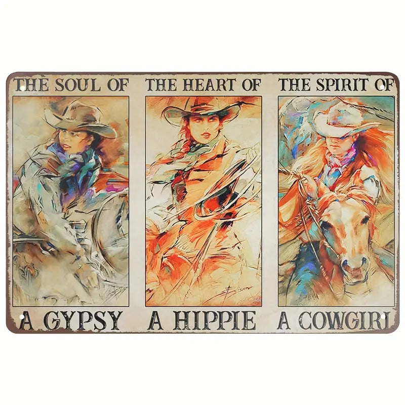 VINTAGE METAL TIN WALL SIGNS - COWGIRL