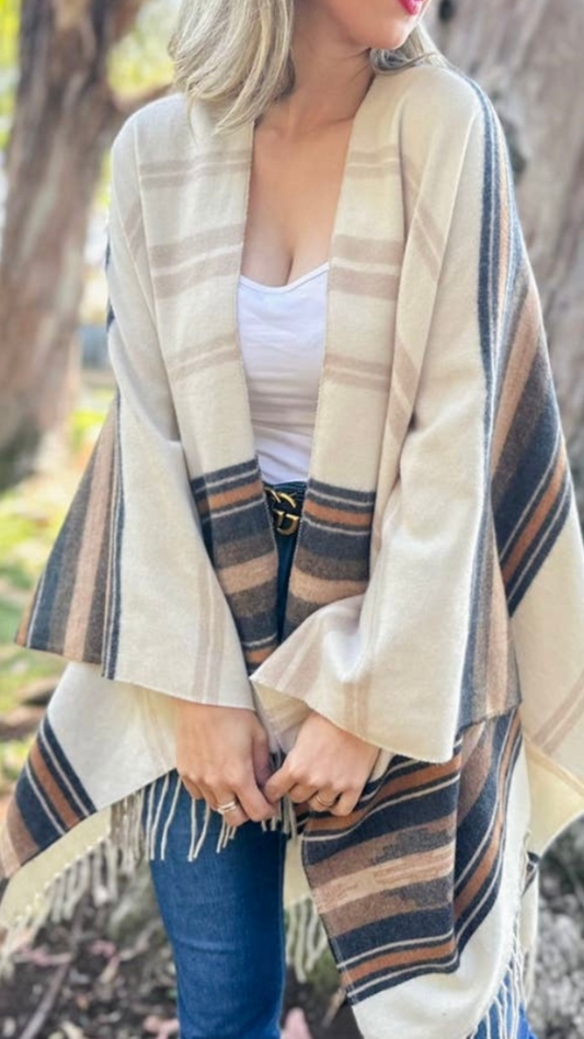 Beige Ivory Stripe Printed Cozy Ruana Cardigan with Tassel