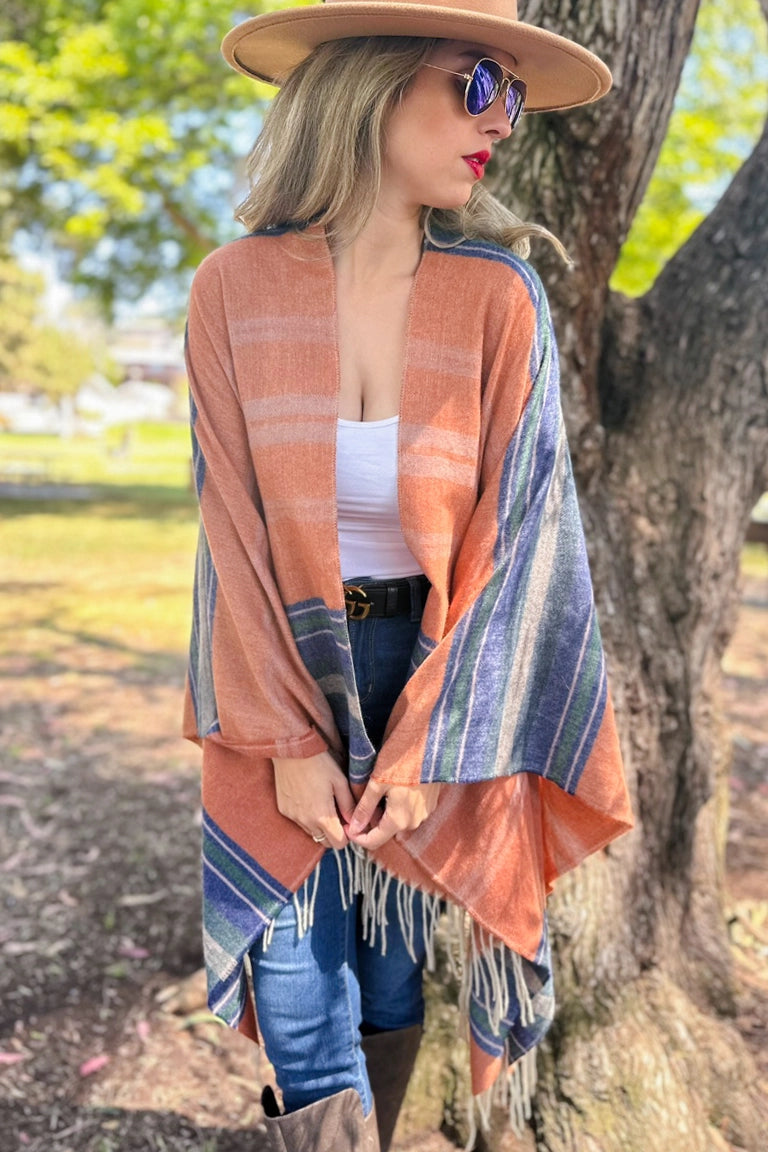 Rust Stripe Printed Cozy Ruana Shawl Cardigan with Tassel