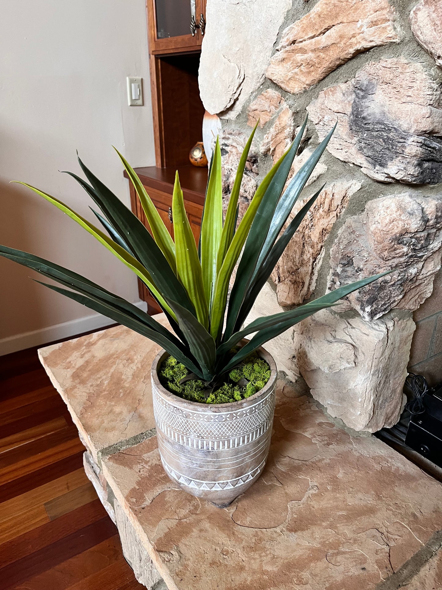 PATTERNED POT WITH FAUX AGAVE PLANT