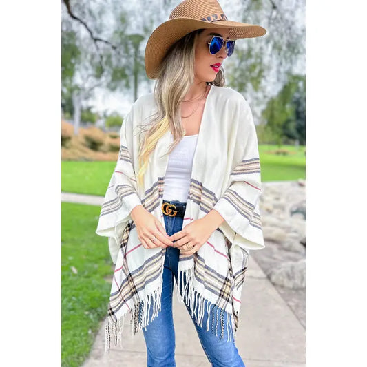 Ivory Plaid Print Knitted Ruana Kimono Cardigan with Tassel