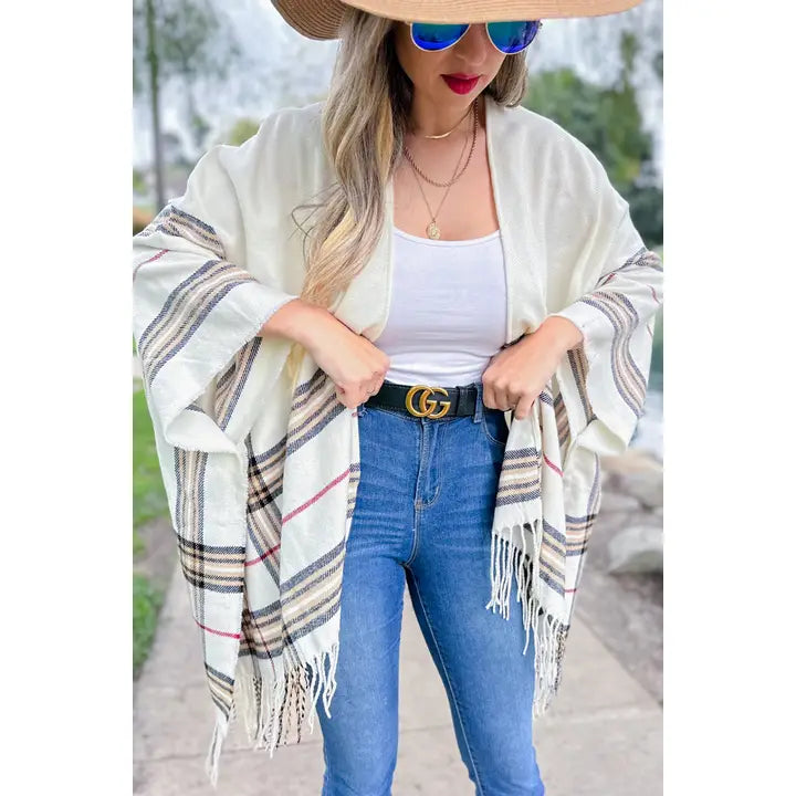 Ivory Plaid Print Knitted Ruana Kimono Cardigan with Tassel