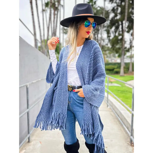 Navy Chevron Knitted Ruana Cardigan with Tassel and Pocket