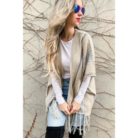 Taupe Aztec Pattern Tassel Bottom Knitted Kimono Cardigan
