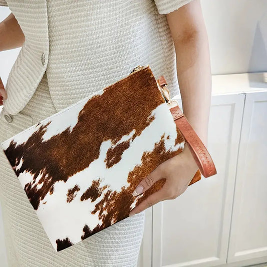 BRINDLE COW PATTERN FLUFFY LARGE WRISTLET CLUTCH