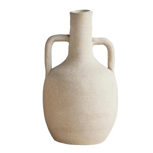 CREAM TERRACOTTA VASE (With small wood bead garland)