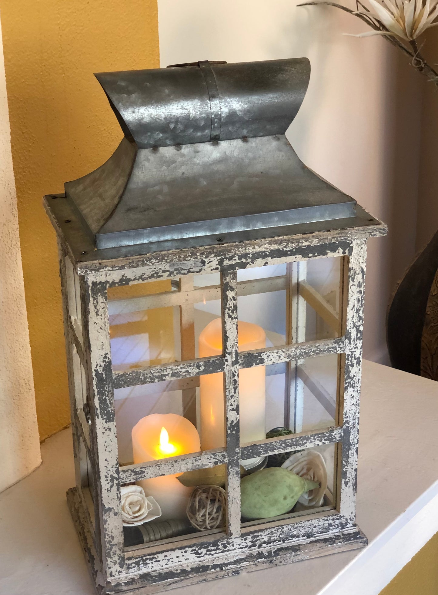 LARGE DISTRESSED WINDOWPANE LANTERN