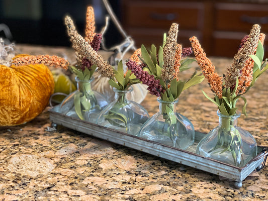 DECORATIVE METAL TRAY w/ 5 GLASS VASES (Set is 6 pieces)