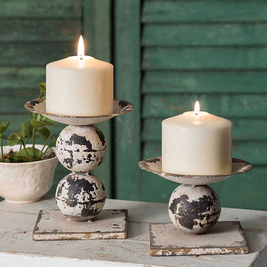 SPHERE PILLAR DISTRESSED CANDLE HOLDERS (SET OF TWO)