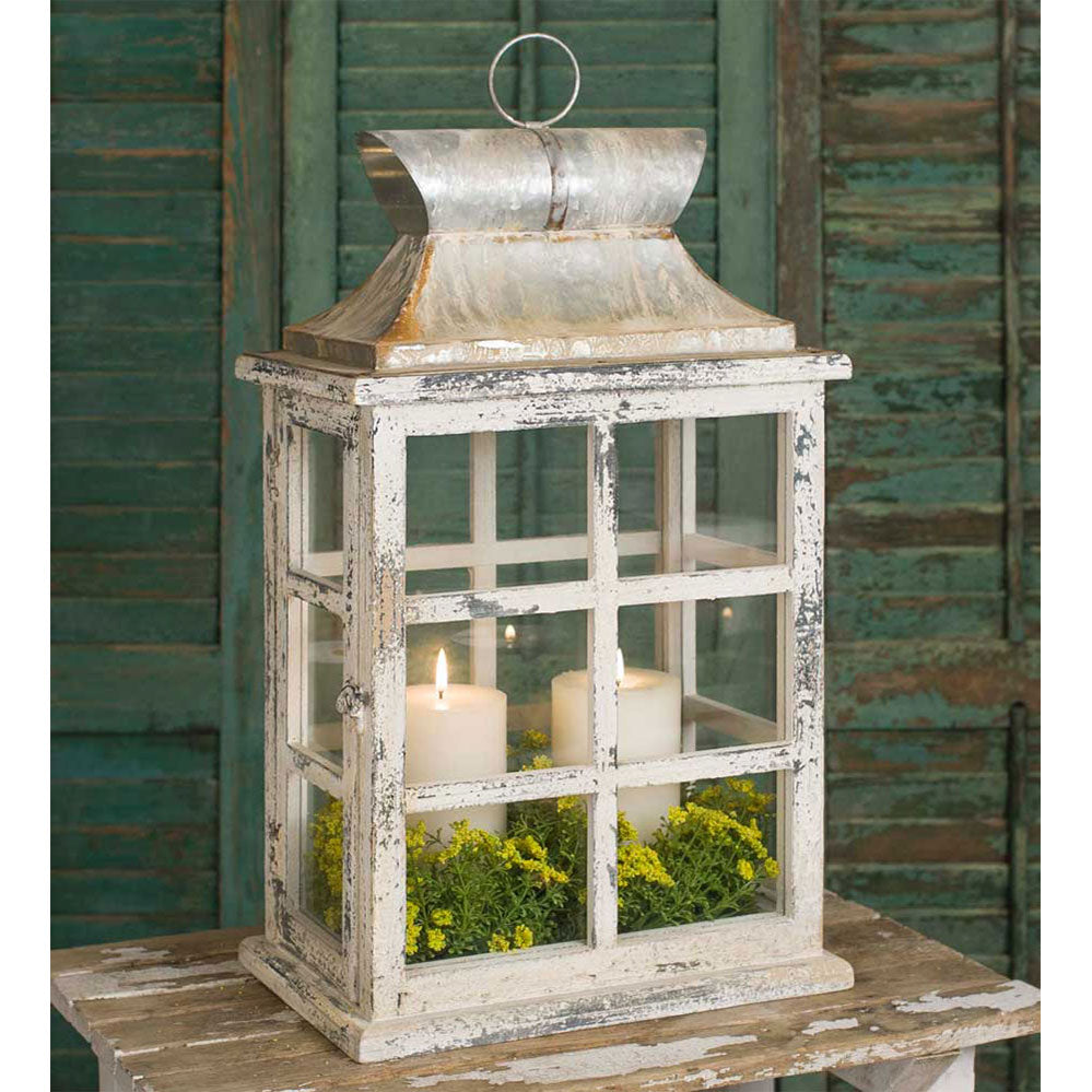 LARGE DISTRESSED WINDOWPANE LANTERN