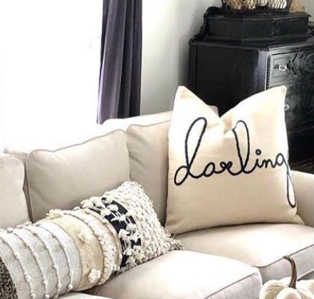 OVERSIZED COTTON PILLOW W/ EMBROIDERED "DARLING"