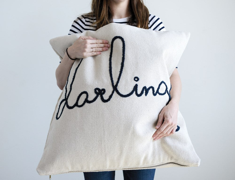 OVERSIZED COTTON PILLOW W/ EMBROIDERED "DARLING"