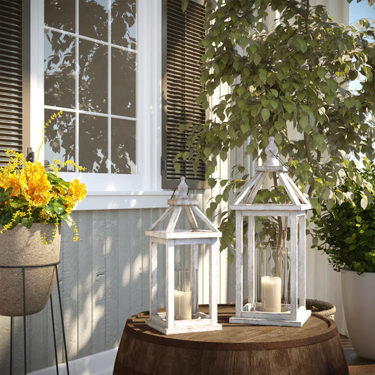 WHITEWASH WOOD LANTERN SET OF 2