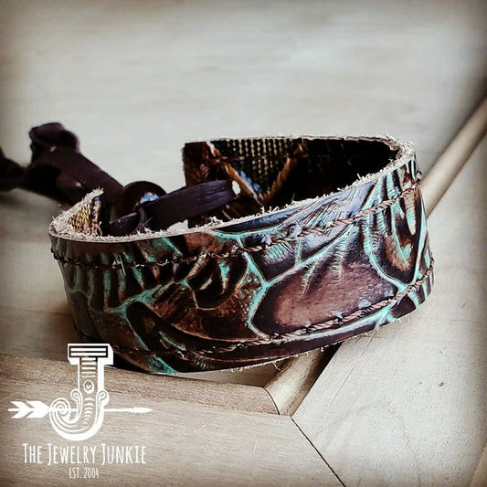 NARROW REVERSIBLE LEATHER CUFF IN TURQUOISE BROWN FLORAL & LOREDO
