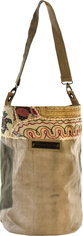 RECYCLED MILITARY TENT BUCKET BAG WITH VINTAGE FABRIC